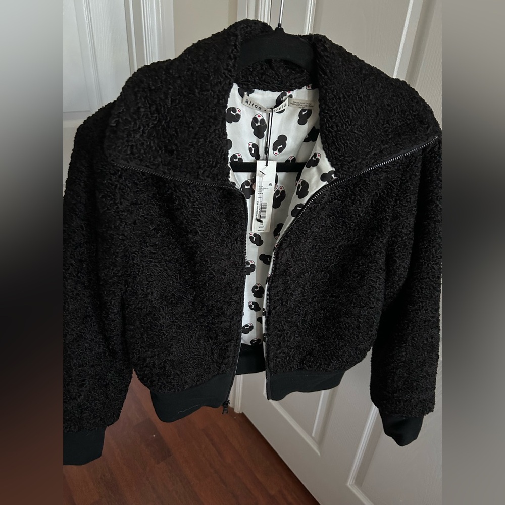 NWT Alice +Olivia Genova StaceFace Print Reversible Faux Fur Bomber Jacket XS - Picture 3 of 17